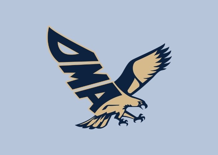 the blue and gold dma seahawk logo on a blue background
